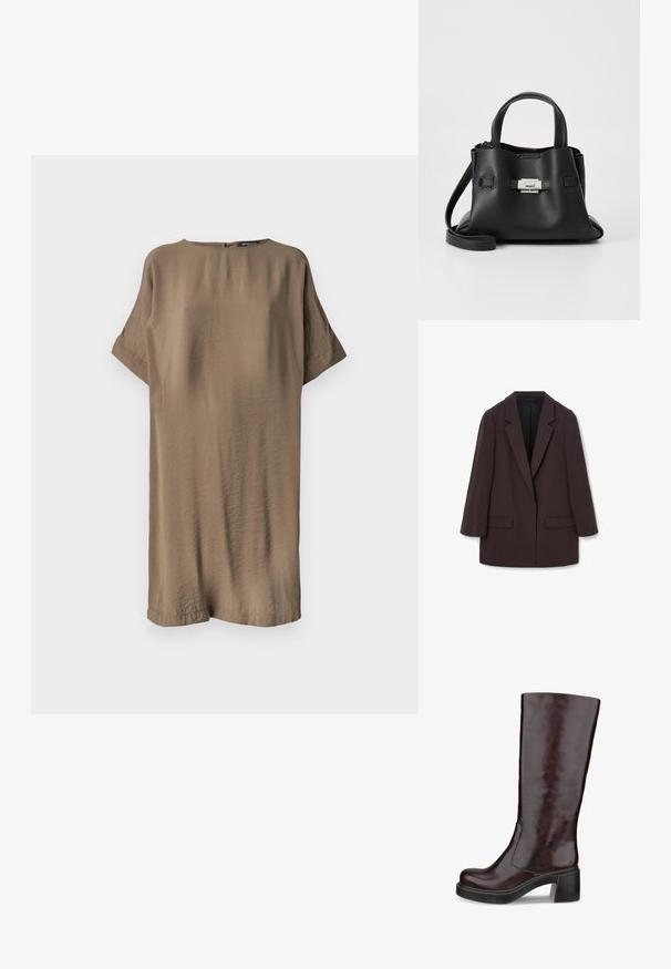 Brauner übergroßer Blazer mit Schalkragen, zwei vorderen Taschen und glatter Textur, ausgestattet mit einem Ein-Knopf-Verschluss und lässiger Silhouette.; Überdimensioniertes Kurzarmkleid aus einem strukturierten, gedeckten braunen Stoff. Schlichter runder Ausschnitt und dezente Rückenverschlussdetails. Lässiges Design.; Braune kniehohe Stiefel mit einem eleganten Design, auffälligem Absatz und glatter Lederoberfläche, dargestellt vor einem weißen Hintergrund.; Schwarze Ledertasche mit strukturiertem Finish, ausgestattet mit zwei oberen Griffen, einem abnehmbaren Schultergurt und einem silbernen Verschlussdetail.