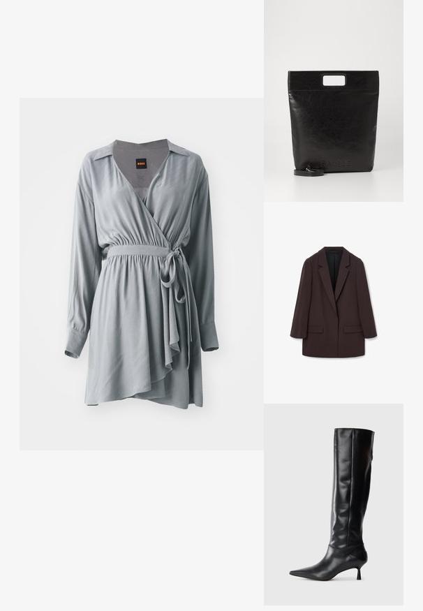 Smeđi oversized sako s šal reverima, dva prednja džepa i glatkom teksturom, s pojedinačnim dugmetom i opuštenim siluetom.; Siva haljina na preklop od mekanog materijala, s dugim rukavima, naglašenim strukom i lepršavim asimetričnim rubom. Uključuje kragnu i remen za vezanje.; Crna kožna čizma do koljena s oštrim vrhom i uskim zakrivljenim petama. Glatka tekstura, prilagođeni dizajn i bez vidljivih dodataka ili uzoraka.; Crna kožna torba s kvadratnom drškom, s teksturiranim završetkom i utisnutim logotipom. Uključuje odvojivi remen.