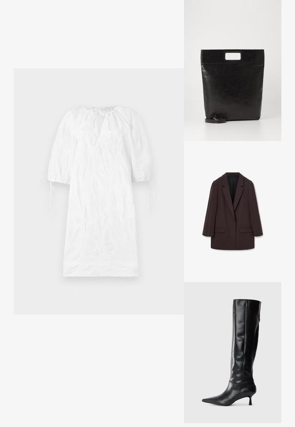 Brauner übergroßer Blazer mit Schalkragen, zwei vorderen Taschen und glatter Textur, ausgestattet mit einem Ein-Knopf-Verschluss und lässiger Silhouette.; Weißes Kleid mit kurzen Puffärmeln, strukturiertem Stoff, V-Ausschnitt und verstellbaren Bindebändern an den Manschetten. Glatte Oberfläche, knielanges Design.; Schwarze Lederstiefel bis zum Knie mit spitzem Zehenbereich und schmalem, geschwungenem Absatz. Glatte Textur, enganliegendes Design und keine sichtbaren Beschläge oder Muster.; Schwarze Leder-Tote-Tasche mit einem quadratischen Griff, ausgestattet mit einer strukturierten Oberfläche und geprägtem Logo. Inklusive abnehmbarem Tragegurt.