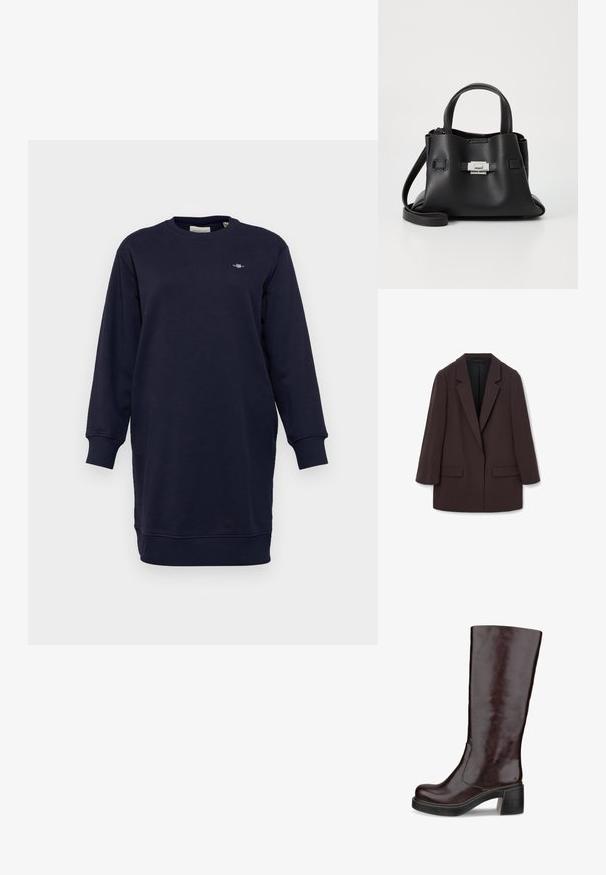 Blazer marrón de gran tamaño con solapas de chal, dos bolsillos frontales y una textura suave, con un cierre de un solo botón y una silueta relajada.; Vestido sudadera azul marino en una suave mezcla de algodón. Presenta mangas largas, puños acanalados y un cuello redondo. Detalle de pequeño logo en el pecho.; Bota marrón hasta la rodilla con un diseño elegante, tacón grueso y acabado en cuero suave, exhibida contra un fondo blanco.; Bolso de mano de cuero negro con un acabado texturizado, que cuenta con dos asas superiores, una correa de hombro desmontable y un detalle de broche plateado.