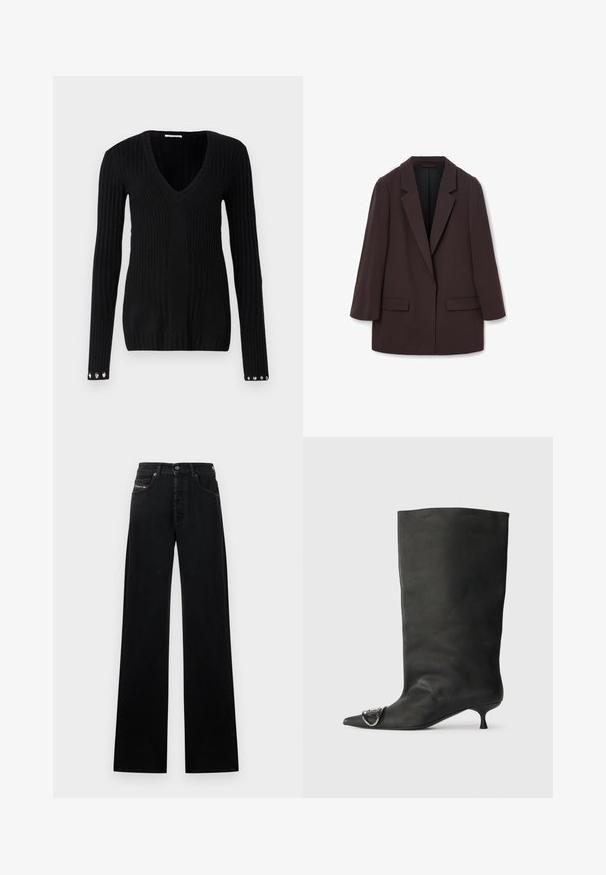 Brown oversized blazer with shawl lapels, two front pockets, and a smooth texture, featuring a single-button closure and relaxed silhouette.; Black ribbed knit sweater featuring a V-neck, long sleeves, and silver button accents on the cuffs. Soft texture and fitted design.; Black wide-leg jeans made of denim, featuring a front button closure, five pockets, and a small logo patch on the waistband.; Black leather ankle boot with a pointed toe, small heel, and metallic accent detail on the toe. Smooth, matte texture throughout.