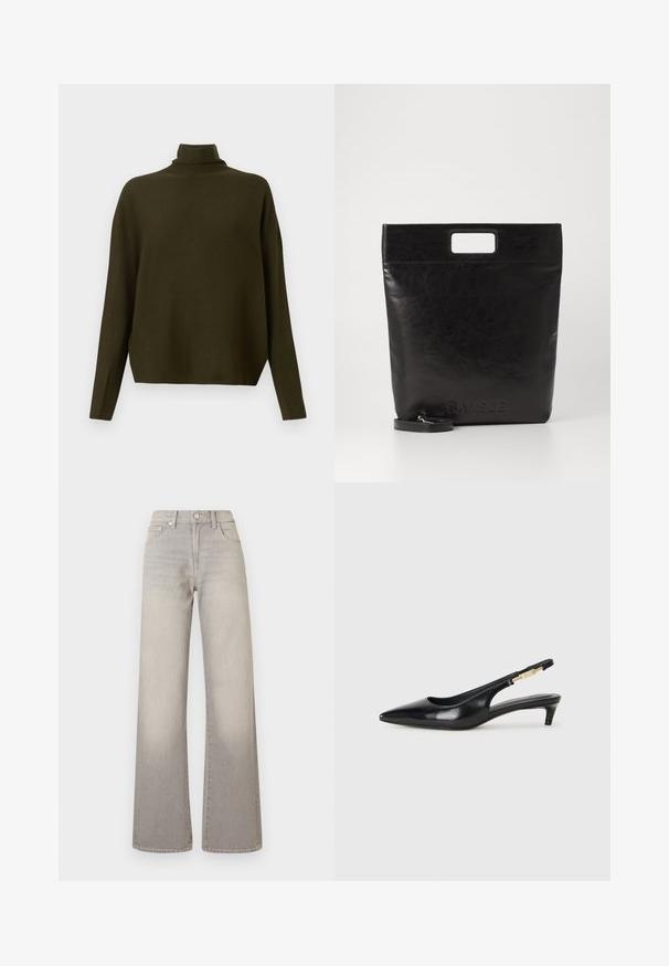 Blazer oversize marrone con rever a scialle, due tasche frontali e una trama liscia, caratterizzato da una chiusura a un bottone e una silhouette rilassata.; Maglione a maglia verde oliva scuro a maniche lunghe con collo alto e vestibilità rilassata, presentato su uno sfondo chiaro e semplice.; Jeans grigi larghi con finitura sbiadita, chiusura con bottone, design a cinque tasche e cuciture decorative lungo le cuciture.; Tacchi slingback in pelle nera con punta affusolata, caratterizzati da un tacco alto e un accento dorato sulla cinghia regolabile. Texture liscia.; Borsa tote in pelle nera con manico quadrato, caratterizzata da una finitura testurizzata e logo impresso. Include una tracolla rimovibile.