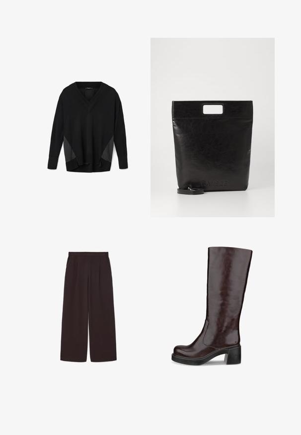 Brązowy oversize'owy żakiet z wyłogami w kształcie szala, dwoma przednimi kieszeniami i gładką teksturą, z zapięciem na pojedynczy guzik i luźnym krojem.; Czarny pulower z dekoltem w serek, długim rękawem, z prążkowanymi mankietami i dołem, z satynowymi panelem bocznymi oraz luźnym, nieco krótszym z przodu fasonem.; Ciemnobrązowe szerokie spodnie z lekkiego materiału, z wysokim stanem, plisami i dwoma bocznymi kieszeniami, z elastycznym pasem.; Brązowy, wysoki but na kolano o eleganckim designie, masywnym obcasie i gładkim wykończeniu ze skóry, prezentowany na białym tle.; Czarna skórzana torba na ramię z kwadratowym uchwytem, z teksturowanym wykończeniem i wytłoczonym logo. Zawiera odpinany pasek.