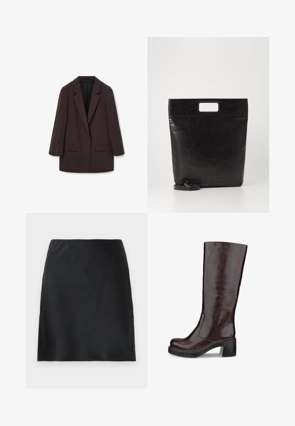 Brown oversized blazer with shawl lapels, two front pockets, and a smooth texture, featuring a single-button closure and relaxed silhouette.; White long-sleeve collared shirt made of cotton. Features a button-down front and a single chest pocket. Smooth texture, relaxed fit.; Black satin mini skirt with a smooth texture and a straight hemline, shown against a plain white background.; Brown knee-high boot with a sleek design, chunky heel, and smooth leather finish, displayed against a white background.; Black leather tote bag with a square handle, featuring a textured finish and embossed logo. Includes a detachable strap.