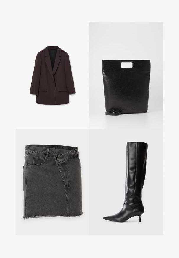 Blazer oversized marron avec revers châle, deux poches avant et une texture lisse, présentant une fermeture à un seul bouton et une silhouette décontractée.; Chemise blanche à manches longues avec col, en coton. Présente un devant à boutons et une poche poitrine unique. Texture lisse, coupe décontractée.; Jupe mini en denim noir avec poches avant, passants de ceinture, fermeture à bouton et détails d'ourlet brut.; Botte en cuir noir hautes jusqu'au genou avec un bout pointu et un talon fin et courbé. Texture lisse, design ajusté, sans matériel ni motifs visibles.; Sac fourre-tout en cuir noir avec une poignée carrée, arborant une finition texturée et un logo en relief. Comprend une bandoulière amovible.