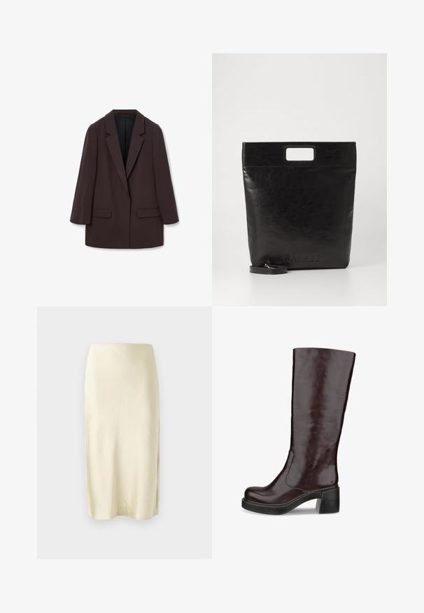 Brown oversized blazer with shawl lapels, two front pockets, and a smooth texture, featuring a single-button closure and relaxed silhouette.; White long-sleeve collared shirt made of cotton. Features a button-down front and a single chest pocket. Smooth texture, relaxed fit.; Satin midi skirt in pale yellow with a smooth texture, featuring a side slit and a straight cut design. Simple and elegant silhouette.; Brown knee-high boot with a sleek design, chunky heel, and smooth leather finish, displayed against a white background.; Black leather tote bag with a square handle, featuring a textured finish and embossed logo. Includes a detachable strap.