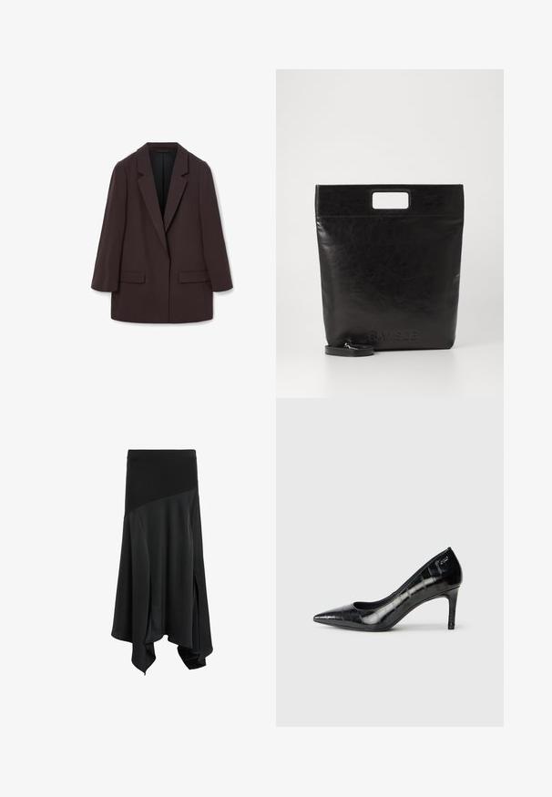Bruine oversized blazer met sjalkleppen, twee voorzakken en een gladde textuur, voorzien van een éénknopsluiting en een relaxte silhouet.; Witte lange mouwen overhemd met kraag van katoen. Voorzien van een knoopsluiting aan de voorkant en een enkele borstzak. Een gladde textuur en een ontspannen pasvorm.; Zwarte asymmetrische rok met een soepele textuur, voorzien van een brede elastische tailleband en zijsplitten voor extra beweging en flow.; Zwarte puntige hoge hakken met een glanzende afwerking en een subtiel textuurpatroon. Beschikt over een gematigde hak en een open halsontwerp.; Zwarte leren draagtas met een vierkant handvat, met een gestructureerde afwerking en een reliëflogo. Inclusief een afneembare schouderband.