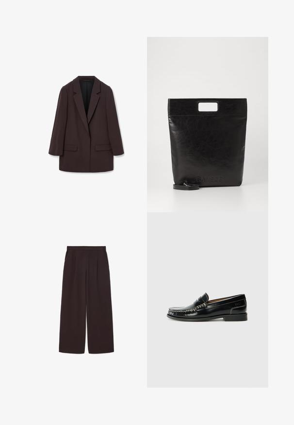 Hnědý oversized blejzr s šálovými klopami, dvěma předními kapsami a hladkou texturou, s jedním knoflíkovým zapínáním a uvolněným střihem.; Bílá košile s dlouhým rukávem a límečkem vyrobená z bavlny. Má knoflíkovou přední část a jedno kapsičku na prsou. Hladký povrch, volný střih.; Tmavě hnědé kalhoty s širokými nohavicemi vyrobené z lehkého materiálu, s vysokým pasem, záhyby a dvěma bočními kapsami, s elastickým pasem.; Černá kožená loafer obuv se šitým designem, hladkým povrchem, nízkým blokovým podpatkem a stříbrnými akcenty. Klasický kulatý tvar špičky.; Černá kožená taška přes rameno se čtvercovou rukojetí, s texturovaným povrchem a embosovaným logem. Obsahuje odnímatelný popruh.