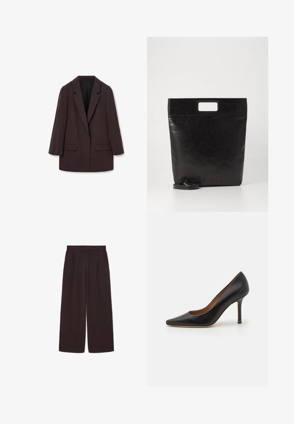 Rjav oversize blazer s šalom, z dvema sprednjima žepoma in gladko teksturo, ki ima enojno gumbno zapiranje in sproščen silhueto.; Bela dolga majica s kragnico iz bombaža. Ima gumbno zapenjanje spredaj in eno žep na prsih. Gladka tekstura, sproščen kroj.; Temno rjave široke hlače iz lahkega materiala, z visokim pasom, naborki in dvema stranskima žepoma, ter elastičnim pasom.; Črne usnjene čevlje z visokimi petami in koničastim nosom, gladke teksture in ožjim stiletto peto. Imajo subtilen zlat poudarek blizu osnove pete.; Črna usnjena torba s kvadratnim ročajem, ki ima teksturirano obdelavo in vtisnjen logotip. Vključuje odstranljiv trak.