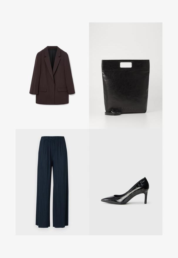 Bruine oversized blazer met sjalkleppen, twee voorzakken en een gladde textuur, voorzien van een éénknopsluiting en een relaxte silhouet.; Witte lange mouwen overhemd met kraag van katoen. Voorzien van een knoopsluiting aan de voorkant en een enkele borstzak. Een gladde textuur en een ontspannen pasvorm.; Marine blauwe geplooide wijde broek met een elastische tailleband. Kenmerkt zich door verticale strepen en een zachte textuur voor comfort. Geen zakken.; Zwarte puntige hoge hakken met een glanzende afwerking en een subtiel textuurpatroon. Beschikt over een gematigde hak en een open halsontwerp.; Zwarte leren draagtas met een vierkant handvat, met een gestructureerde afwerking en een reliëflogo. Inclusief een afneembare schouderband.