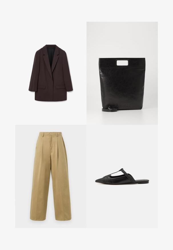 Brun oversized blazer med sjalkrave, to frontlommer og en glat tekstur, med en enkelt knaplukning og afslappet silhuet.; Hvid langærmet skjorte med krave lavet af bomuld. Har en knaplukning fortil og en enkelt brystlomme. Glat tekstur, afslappet pasform.; Khaki viddebenede bukser lavet af bomuldsblandingsstof, med flad front og læg, knaplukning og en glat overflade.; Sort læderslyngeback sko med spids tå, der har en vævet detalje og en plisseret overdel. Flad sål med minimal hardware.; Sort læder tote bag med et firkantet håndtag, der har en tekstureret overflade og prægede logo. Indeholder en aftagelig rem.