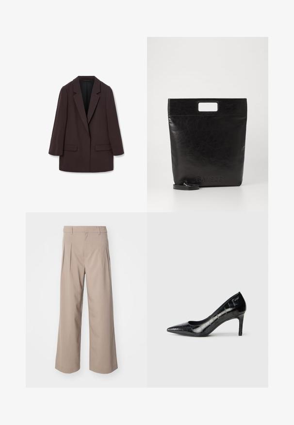 Blazer maro supradimensionat cu rever tip șal, două buzunare frontale și o textură netedă, având un închizător cu un singur buton și o siluetă relaxată.; Cămașă albă cu mânecă lungă și guler, fabricată din bumbac. Are un închidere cu băta pe față și un singur buzunar pe piept. Textură netedă, croială lejeră.; Pantaloni largi bej cu pliuri, realizati dintr-un material neted. Au o talie medie si o siluetă curată, croită.; Pantofi cu toc înalt, cu vârful ascuțit, de culoare neagră, cu un finisaj lucios și un model texturat subtil. Au un toc de înălțime moderată și un design cu gât deschis.; Geantă tote din piele neagră, cu un mâner pătrat, având un finisaj texturat și un logo embosat. Include o curea detasabilă.