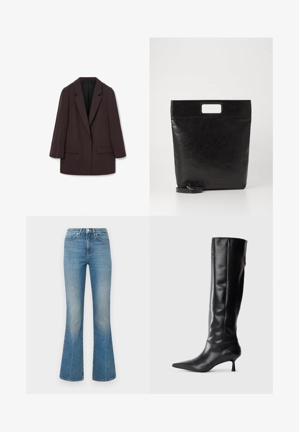 Brown oversized blazer with shawl lapels, two front pockets, and a smooth texture, featuring a single-button closure and relaxed silhouette.; White long-sleeve collared shirt made of cotton. Features a button-down front and a single chest pocket. Smooth texture, relaxed fit.; Light blue flared jeans made from denim. Features a waistband with a button and a faded wash, tapering to a wide hem at the ankles.; Black leather knee-high boot with a pointed toe and slim curved heel. Smooth texture, fitted design, and no visible hardware or patterns.; Black leather tote bag with a square handle, featuring a textured finish and embossed logo. Includes a detachable strap.