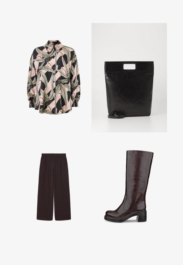 Brown oversized blazer with shawl lapels, two front pockets, and a smooth texture, featuring a single-button closure and relaxed silhouette.; Button-up shirt in silk blend, featuring a black base with an abstract leaf pattern in green and pink. Puff sleeves with elastic cuffs.; Dark brown wide-leg pants made of lightweight fabric, featuring a high waist, pleats, and two side pockets, with an elastic waistband.; Brown knee-high boot with a sleek design, chunky heel, and smooth leather finish, displayed against a white background.; Black leather tote bag with a square handle, featuring a textured finish and embossed logo. Includes a detachable strap.