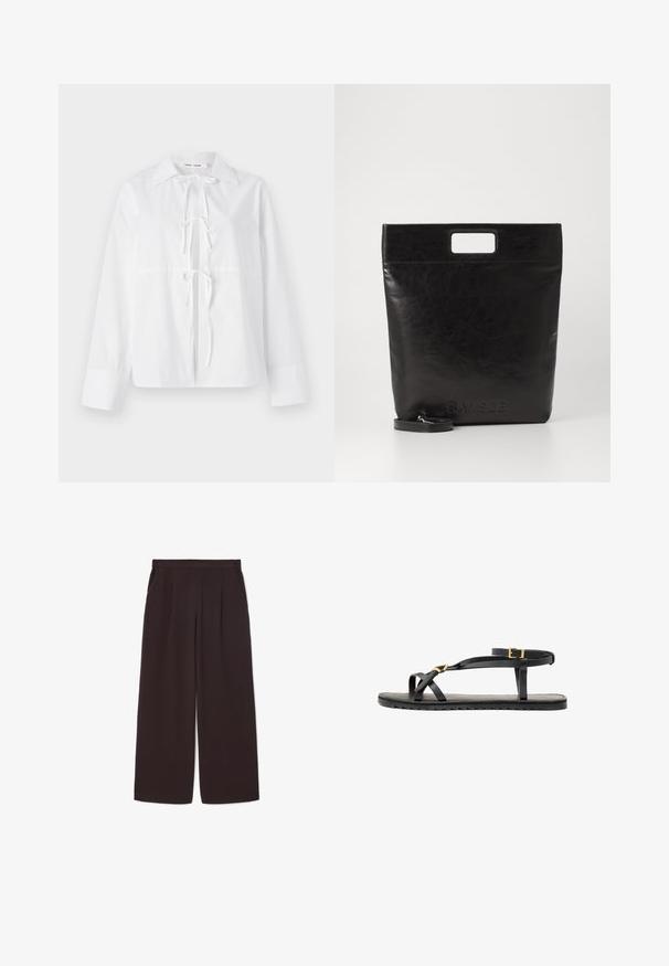 Blazer oversized marron avec revers châle, deux poches avant et une texture lisse, présentant une fermeture à un seul bouton et une silhouette décontractée.; Chemise blanche à manches longues en tissu lisse, dotée d'un col à bouton, d'une fermeture à nœud à l'avant et de manches à revers. Design simple et épuré.; Pantalons larges en brun foncé en tissu léger, avec une taille haute, des plis et deux poches latérales, dotés d'une ceinture élastique.; Sandales en cuir noir avec de fines lanières et une sangle autour de la cheville à boucle. Semelle plate avec une finition texturée et un bord en zigzag. Design minimaliste.; Sac fourre-tout en cuir noir avec une poignée carrée, arborant une finition texturée et un logo en relief. Comprend une bandoulière amovible.