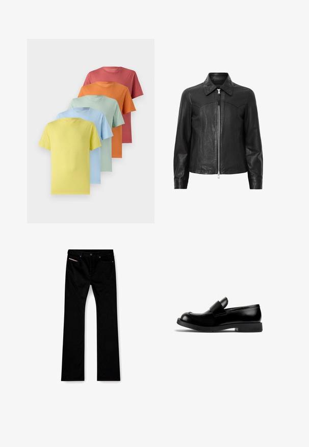 Svart läderjacka med krage, dragkedja framtill och långa ärmar. Har en jämn struktur och sömdetaljer. Standard passform.; Fem kortärmade t-shirts i en gradient: gul, ljusblå, mintgrön, orange och korall. Mjuk tyg med rundad halsdesign.; Svarta raka jeans med knapp och dragkedja framtill, fram- och bakfickor, samt en vit etikett synlig i den högra framfickan.; Svart skinnloafer med rund tå, platt gummisula och en framträdande remdetalj över vampen. Slät textur, minimalistisk design.