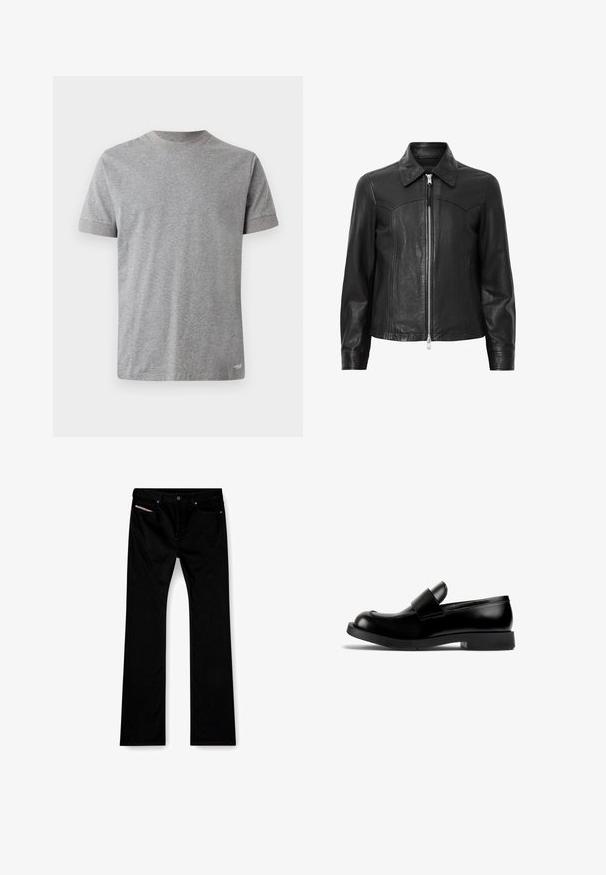 Black leather jacket with a collar, zip front closure, and long sleeves. Features smooth texture and seam detailing. Standard fit design.; Short-sleeve gray t-shirt made of soft cotton. Features a round neckline with a contrasting trim and straight hem at the bottom.; Black straight-leg jeans with front button and zipper, front and back pockets, and a white label visible in the right front pocket.; Black leather loafer with a rounded toe, flat rubber sole, and a prominent strap detail across the vamp. Smooth texture, minimalistic design.