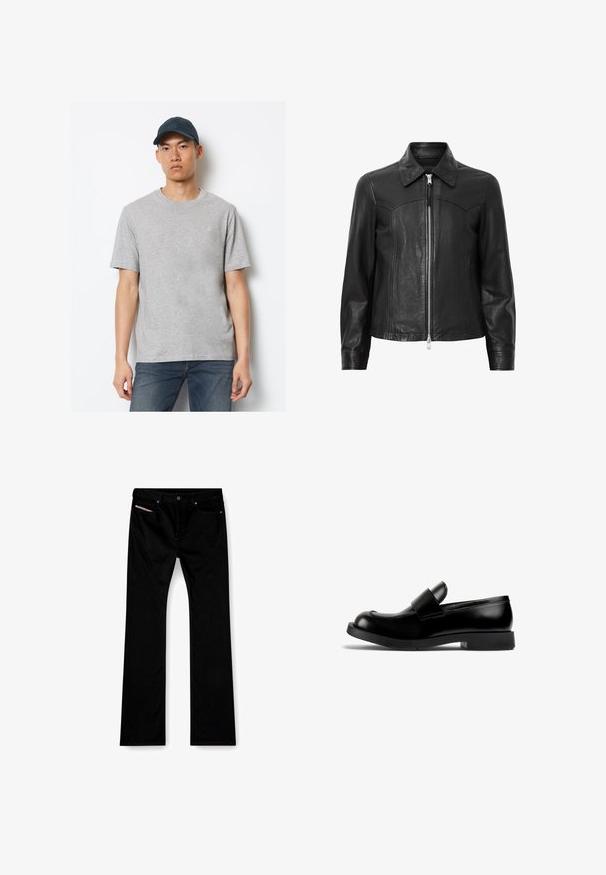 Schwarze Lederjacke mit Kragen, Reißverschluss vorne und langen Ärmeln. Verfügt über eine glatte Textur und Nahtdetails. Standardpassform.; Grau Baumwoll-T-Shirt mit kurzen Ärmeln und Rundhalsausschnitt, kombiniert mit dunkelblauen Jeans und einer passenden Mütze mit einem Logo auf der Vorderseite.; Schwarze gerade Jeans mit vornem Knopf und Reißverschluss, Vorder- und Hintertaschen sowie einem weißen Etikett, das in der rechten Vordertasche sichtbar ist.; Schwarze Lederlofer mit runder Zehenform, flacher Gummisohle und einem auffälligen Riemendetail über dem Vorderblatt. Glatte Textur, minimalistisches Design.