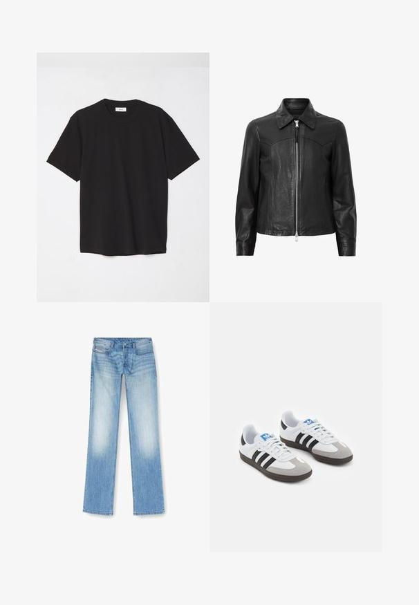 Zwarte leren jas met een kraag, ritsluiting aan de voorkant en lange mouwen. Heeft een gladde textuur en naaddetails. Ontwerp in standaard pasvorm.; Zwarte katoenen t-shirt met een ronde hals, korte mouwen en een ontspannen pasvorm. Eenvoudig ontwerp, gladde textuur en geen zichtbare patronen of logo's.; Lichtblauwe rechte jeans gemaakt van denim, met een vervaagde afwerking, vijf-pocket ontwerp en zichtbare stiksels langs de naden.; Sportschoenen met een witte leren bovenkant, grijze suède neus en drie zwarte strepen. Bevat een blauw logo op de tong en een gestructureerde rubberen zool.