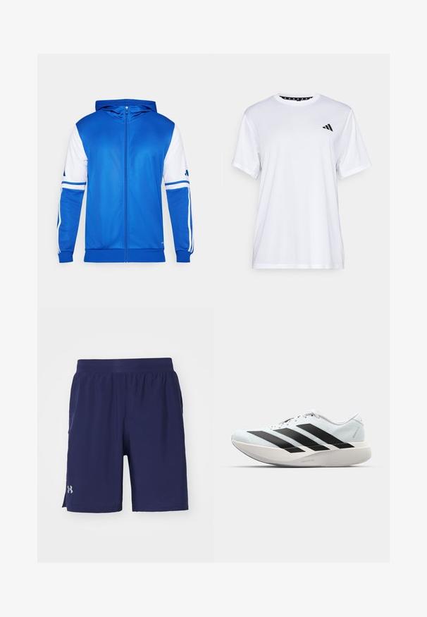 Sinine kapuutsiga spordijakk, millel on valged detailsed varrukatel ja õlgadel, valmistatud siledast ja kergest materjalist.; Valge sportlik T-särk lühikeste varrukatega, valmistatud niiskust eemaldavast kangast. Ees on must logo vasakul rinnal ja soe mustriline kaelaosa.; Under Armour LAUNCH - Spordišortsid - midnight navy; Kerged jooksujalatsid helesinises värvuses mustade triipudega. Omavad siledat pealispinda, ümarat varvase osa ja paksu valget vahemõõtu, millel on silt "LIGHTSTRIKE PRO".