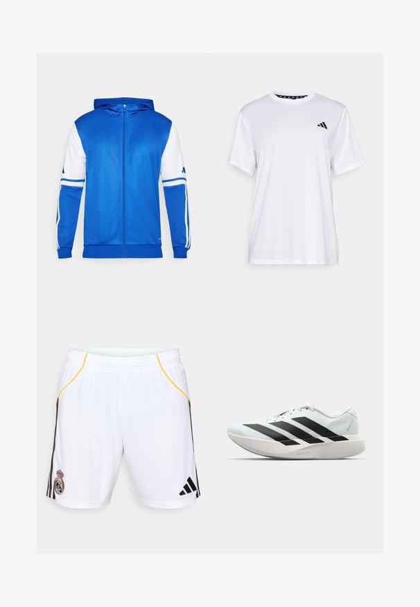 Mėlyna sportinė striukė su užtrauktuku ir kaptuvu, puikuojanti baltais akcentais ant rankovių ir pečių, pagaminta iš lygios, lengvos medžiagos.; Balta sportinė marškinėliai trumpomis rankovėmis, pagaminti iš drėgmę šalinančios medžiagos. Kairėje krūtinės pusėje yra juodas logotipas, o apykaklės viduje yra raštuotas dizainas.; Balti sportiniai šortai su juodomis šoninėmis juostelėmis ir geltonomis detalėmis, turintys siuvinėtą emblema kairėje kojoje ir elastinę juostą.; Lengvi bėgimo batai šviesiai mėlynos spalvos su juodomis juostelėmis. Yra lygus viršus, apvalus pirštas ir storas baltas vidpadis su užrašu "LIGHTSTRIKE PRO."