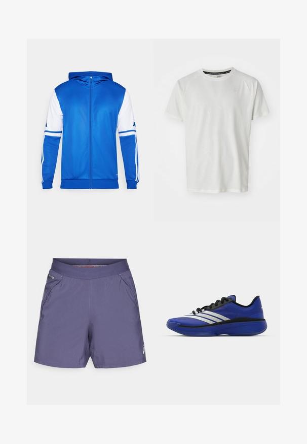 Chaqueta deportiva azul con cremallera y capucha, con detalles en blanco en las mangas y el hombro, hecha de un tejido suave y ligero.; ASICS GAME - Camiseta básica - cream; Pantalones cortos deportivos para hombre en color púrpura, hechos de una tela ligera. Cuentan con una cinturilla elástica y bolsillos laterales, además de un pequeño logo en el dobladillo.; adidas Performance ADIZERO SELECT 3.0 - Zapatillas de baloncesto - lucid blue/core black/metallic