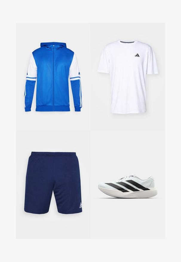 Blue zip-up sports jacket with a hood, featuring white accents on sleeves and shoulder, made of smooth, lightweight fabric.; White short-sleeve t-shirt made of fabric with a smooth texture. Features a black adidas logo on the left chest and a patterned collar.; Navy athletic shorts made of breathable fabric. Features an elastic waistband and the Adidas logo in white on the bottom right side.; Lightweight running shoes in pale blue with black stripes. Features a smooth upper, round toe, and thick white midsole labeled "LIGHTSTRIKE PRO."