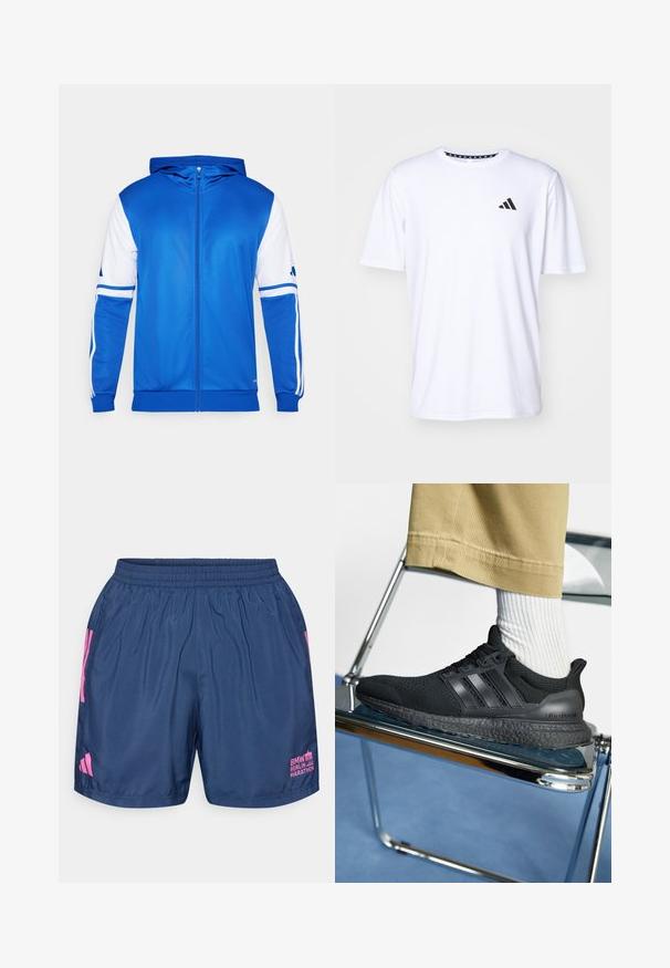 Jachetă sport albastră cu fermoar și glugă, cu accente albe pe mâneci și umăr, confecționată dintr-un material neted și ușor.; Tricou alb cu mânecă scurtă dintr-un material cu o textură netedă. Dispune de un logo negru adidas pe pieptul stâng și un guler cu un model.; adidas Performance BER25 SHORT - Pantaloni scurți sport - collegiate navy; Adidași Ultra Boost negri au un superior din plasă, accente cu trei dungi și o talpă texturată, amortizată, plasată pe un scaun cromat.