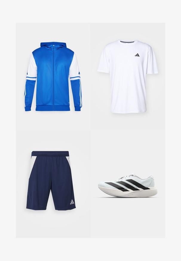 Kék zipzáros sportdzseki kapucnival, fehér díszítéssel az ujjakon és a vállon, sima, könnyű anyagból készült.; Fehér, rövid ujjú póló sima tapintású anyagból. Az elülső részen fekete adidas logó található a bal mellrészen, valamint mintás gallér jellemzi.; Sötétkék sportnadrág sima anyagból. Fehér oldalhímzéssel és elasztikus derékkal rendelkezik. Bal lábon ezüst színű logóval ellátott.; Világoskék, fekete csíkos könnyű futószerek. Simább felső résszel, kerek orral és vastag fehér középtalppal, amelyen a "LIGHTSTRIKE PRO" felirat olvasható.