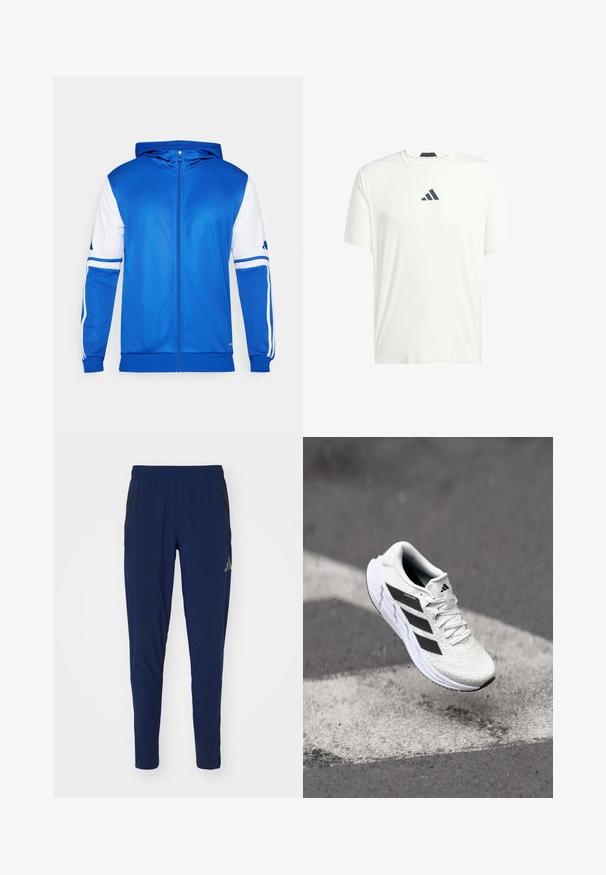 Blå sportsjakke med glidelås og hette, med hvite detaljer på ermer og skulder, laget av glatt, lett stoff.; Hvit kortermet T-skjorte laget av lett stoff med rund hals og en mørkegrå logo på brystet. Glatt tekstur, avslappet passform.; Marine treningsbukser med elastisk liv, smal passform og sidelommer med glidelås. Har diskrete svarte detaljer og en jevn tekstur.; Hvit sportsko med teksturert mesh-overdel, svarte striper, snøring og en polstret såle, svevende over en markert veidoverflate.