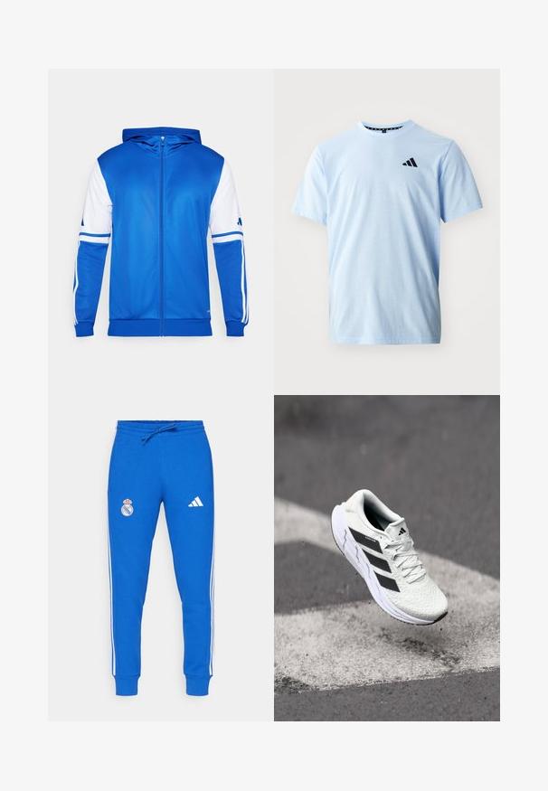 Blå sportsjakke med glidelås og hette, med hvite detaljer på ermer og skulder, laget av glatt, lett stoff.; Lys blå bomull t-skjorte med korte ermer, rund hals og svart logo-detalj på brystet. Glatt tekstur og avslappet passform.; Blå joggebukser laget av blanding av bomull med hvite sidestiper, elastisk livlinning og snor. Har Real Madrid-logo på venstre lår.; Hvit sportsko med teksturert mesh-overdel, svarte striper, snøring og en polstret såle, svevende over en markert veidoverflate.