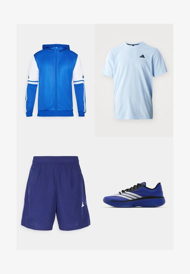 Blauw sportjack met rits en capuchon, met witte accenten op de mouwen en schouders, gemaakt van gladde, lichte stof.; Lichtblauwe katoenen t-shirt met korte mouwen, ronde hals en zwart logo-detail op de borst. Glad oppervlak en een ontspannen pasvorm.; Marine sportshorts met een elastische tailleband, zijzakken met rits en een wit logo aan de onderzijde rechts. Glad, lichtgewicht materiaal.; adidas Performance ADIZERO SELECT 3.0 - Basketbalschoenen - lucid blue/core black/metallic