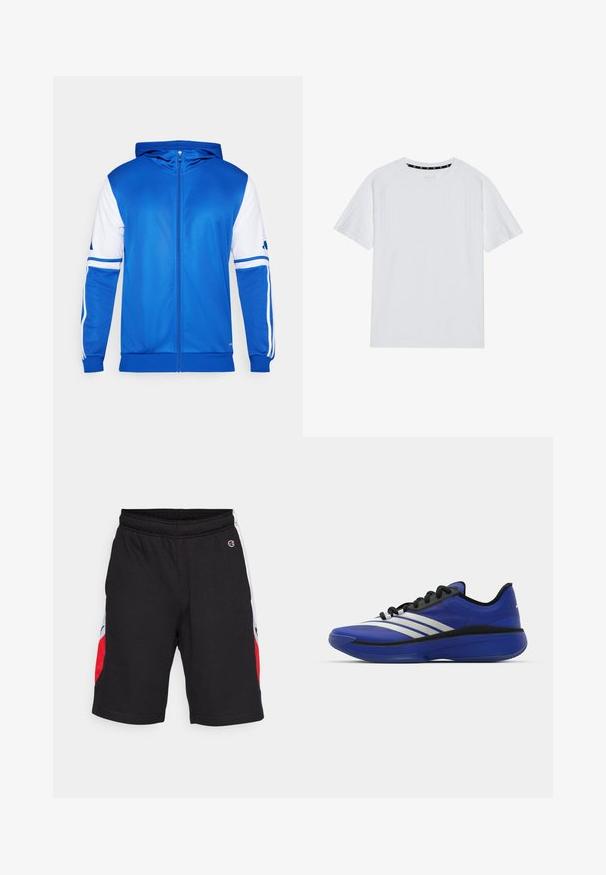Μπλε αθλητικό μπουφάν με φερμουάρ και κουκούλα, που διαθέτει λευκές λεπτομέρειες στους βραχίονες και στον ώμο, κατασκευασμένο από απαλό, ελαφρύ ύφασμα.; Άσπρο κοντομάνικο μπλουζάκι με ραβδωτή υφή και στρογγυλή λαιμόκοψη. Διαθέτει μαύρη ετικέτα μέσα στον γιακά, απλός σχεδιασμός χωρίς σχέδια.; Μαύρο αθλητικό σορτσάκι φτιαγμένο από μαλακό ύφασμα, με πλευρικές πάντες σε κόκκινο και λευκό χρώμα, ελαστική μέση και λεπτομέρεια λογότυπου μπροστά.; adidas Performance ADIZERO SELECT 3.0 - Παπούτσια μπάσκετ - lucid blue/core black/metallic