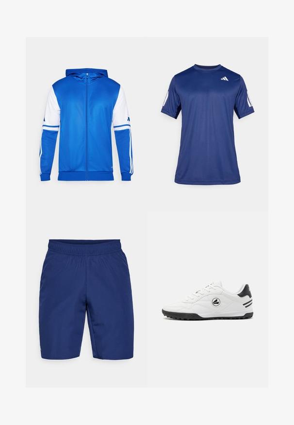 Blå sportsjakke med glidelås og hette, med hvite detaljer på ermer og skulder, laget av glatt, lett stoff.; Marineblå, kortermet treningstrøye laget av glatt stoff, med rund hals og en hvit logodetalj på øverste venstre bryst.; Marineblå treningsshorts laget av teksturert stoff, med elastisk midjebånd og en liten logo i siden.; Hvite treningesko med glatt skinnøvre, svarte aksenter, teksturert såle og en rund logo på siden. Har smal snøring.