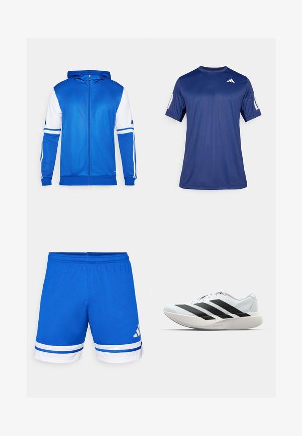 Blå zip-up sportjacka med huva, med vita accenter på ärmar och axlar, tillverkad av ett smidigt, lätt material.; Marinblåt kortärmad träningsskjorta i ett mjukt tyg, med rund halsringning och en vit logotypdetalj på övre vänstra bröstet.; Blå sportshorts i lätt tyg, med vita randiga fållar, elastisk midja och en logotyp på nedre högra sidan.; Lätta löparskor i ljusblått med svarta ränder. Har en slät ovandel, rund tå och tjock vit mellansula märkt "LIGHTSTRIKE PRO."