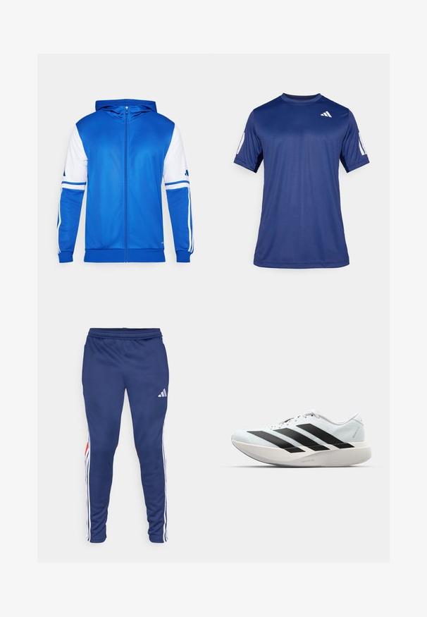 Jachetă sport albastră cu fermoar și glugă, cu accente albe pe mâneci și umăr, confecționată dintr-un material neted și ușor.; Cămașă sport cu mânecă scurtă de culoare albastră marină, fabricată dintr-un material neted, având guler rotund și un detaliu cu logo alb în partea superioară stângă a pieptului.; Pantaloni atletici bleumarin cu dungi laterale albe și accente roșii. Confectionați dintr-un material neted, cu o talie elastică pentru confort. Include un logo Adidas.; Pantofi de alergare ușori în albastru deschis cu dungi negre. Au un superior neted, vârf rotund și o intermediară groasă albă etichetată "LIGHTSTRIKE PRO."