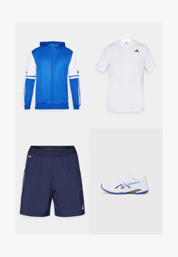 Veste de sport zippée bleue avec capuche, dotée d'accents blancs sur les manches et l'épaule, fabriquée en tissu lisse et léger.; T-shirt blanc à manches courtes avec un motif diamante subtil, fabriqué à partir d'un tissu léger, avec un logo adidas noir sur la poitrine.; Shorts de sport bleu marine avec taille élastique, poches latérales et accents gris clair. Fabriqués en tissu léger et lisse pour le confort.; Chaussure de sport blanche avec des accents bleus, dotée d'une tige en mesh, de superpositions noires et d'une semelle texturée pour une meilleure traction. Conçue pour la performance et le soutien.