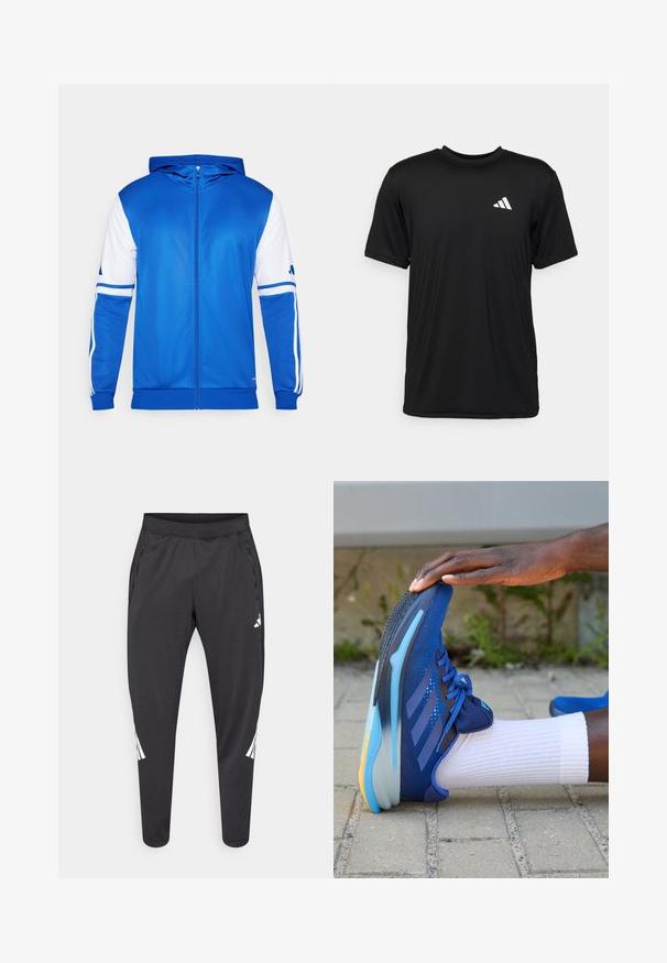 Blue zip-up sports jacket with a hood, featuring white accents on sleeves and shoulder, made of smooth, lightweight fabric.; Black short-sleeve T-shirt made of lightweight, moisture-wicking fabric. Features a white logo on the upper left chest area.; Black athletic pants with tapered legs, elastic waistband, side pockets, and white logo and stripes detailing. Made from a smooth, lightweight material.; adidas Performance SUPERNOVA SOLUTION - Road running shoes - team royal blue/dark blue/blue burst