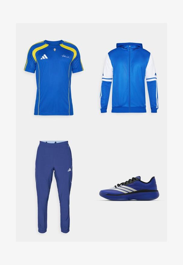 Blauw sportjack met rits en capuchon, met witte accenten op de mouwen en schouders, gemaakt van gladde, lichte stof.; adidas Performance JUVENTUS TURIN URBAN PURIST JERSEY - Fanartikel - team royal blue; adidas Performance TECH APP - Trainingsbroek - dark blue/glow blue; adidas Performance ADIZERO SELECT 3.0 - Basketbalschoenen - lucid blue/core black/metallic