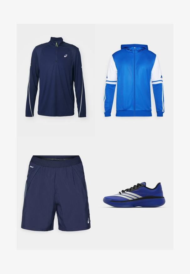 Blue zip-up sports jacket with a hood, featuring white accents on sleeves and shoulder, made of smooth, lightweight fabric.; Navy long-sleeve top with a half-zip collar, featuring light grey accents along the shoulders and sleeves, made of moisture-wicking fabric.; Navy blue athletic shorts with elastic waistband, side pockets, and light gray accents. Made of lightweight, smooth fabric for comfort.; adidas Performance ADIZERO SELECT 3.0 - Basketball shoes - lucid blue/core black/metallic
