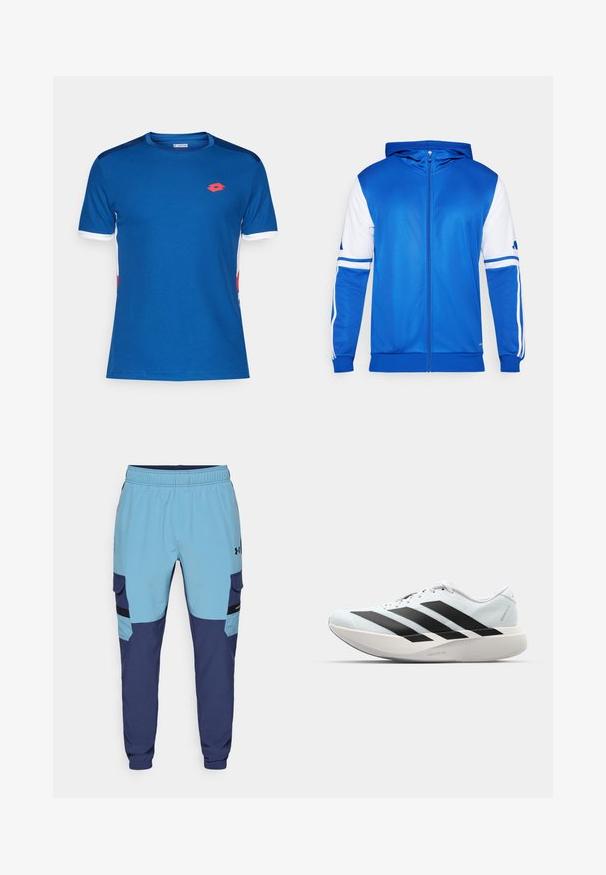 Mėlyna sportinė striukė su užtrauktuku ir kaptuvu, puikuojanti baltais akcentais ant rankovių ir pečių, pagaminta iš lygios, lengvos medžiagos.; Mėlyna sportinė marškinė, pagaminta iš lygaus audinio, su subtilia tekstūra, baltomis detalėmis ant rankovių ir raudonu logotipu ant krūtinės.; Mėlyni ir tamsiai mėlyni sportiniai šortai su elastinga juosta, šoninėmis kišenėmis ir cargo stiliaus akcentais. Pagaminti iš minkštos, kvėpuojančios medžiagos.; Lengvi bėgimo batai šviesiai mėlynos spalvos su juodomis juostelėmis. Yra lygus viršus, apvalus pirštas ir storas baltas vidpadis su užrašu "LIGHTSTRIKE PRO."