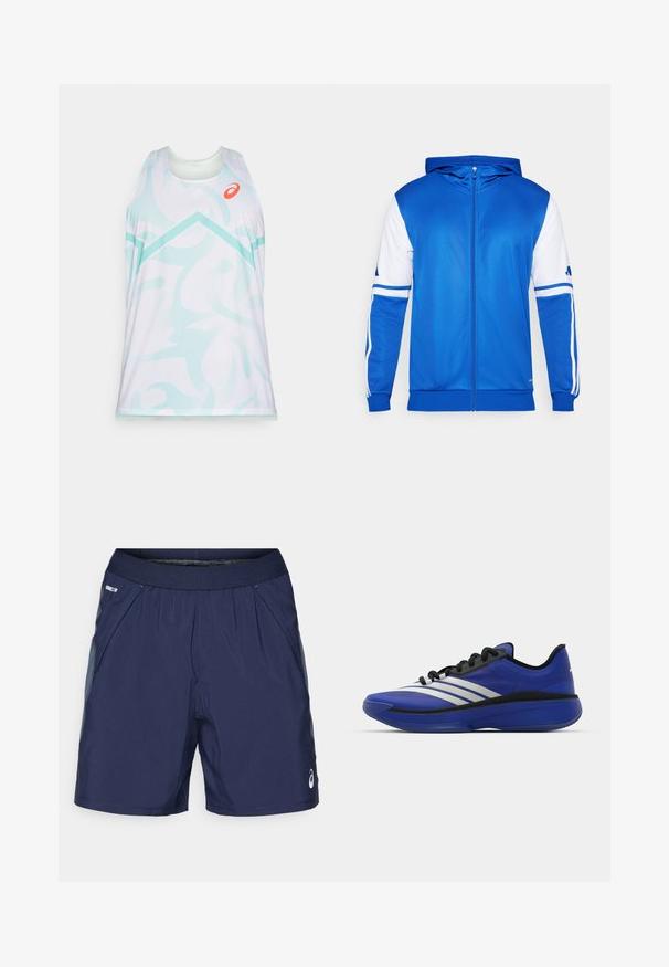 Modrá športová bunda na zips s kapucňou, s bielymi akcentmi na rukávoch a pleciach, vyrobená z hladkej, ľahkej tkaniny.; Bezrukávové športové tielko v bielej farbe s abstraktnými svetlo akvamarínovými vzormi, s okrúhlym výstrihom a oranžovým logom na hrudi.; Námořnické modré športové šortky s elastickým pásom, bočnými vreckami a svetlosivými akcentmi. Vyrobené z ľahkého, hladkého materiálu pre pohodlie.; adidas Performance ADIZERO SELECT 3.0 - Basketbalová obuv - lucid blue/core black/metallic