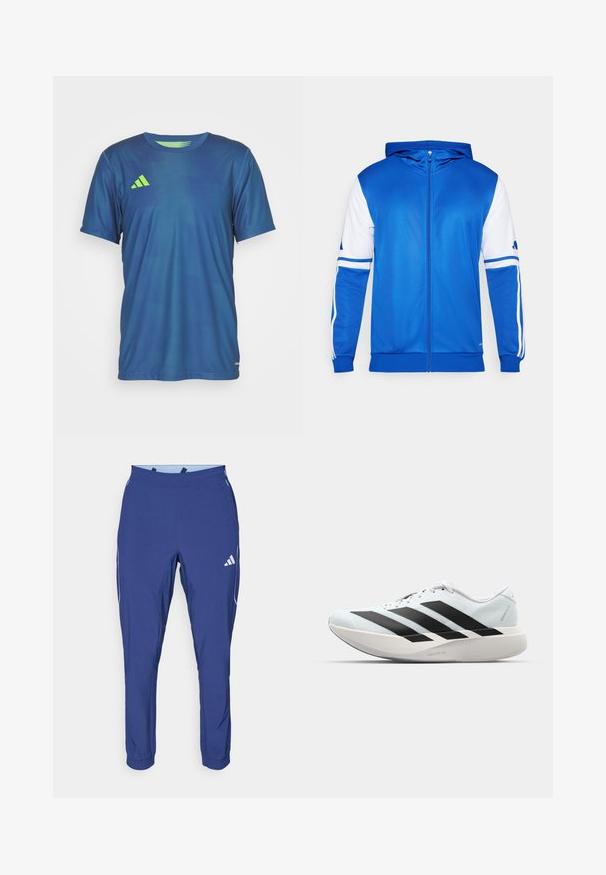 Casaco desportivo azul com fecho éclair e capuz, apresentando detalhes brancos nas mangas e nos ombros, feito de um tecido liso e leve.; T-shirt atlético azul feito de tecido leve, com gola redonda, mangas curtas e logótipo em destaque verde no lado esquerdo do peito.; adidas Performance TECH APP - Calças de fato de treino - dark blue/glow blue; Tênis de corrida leves em azul pálido com riscas pretas. Apresentam um cabedal liso, bico redondo e uma entressola espessa branca rotulada como "LIGHTSTRIKE PRO."