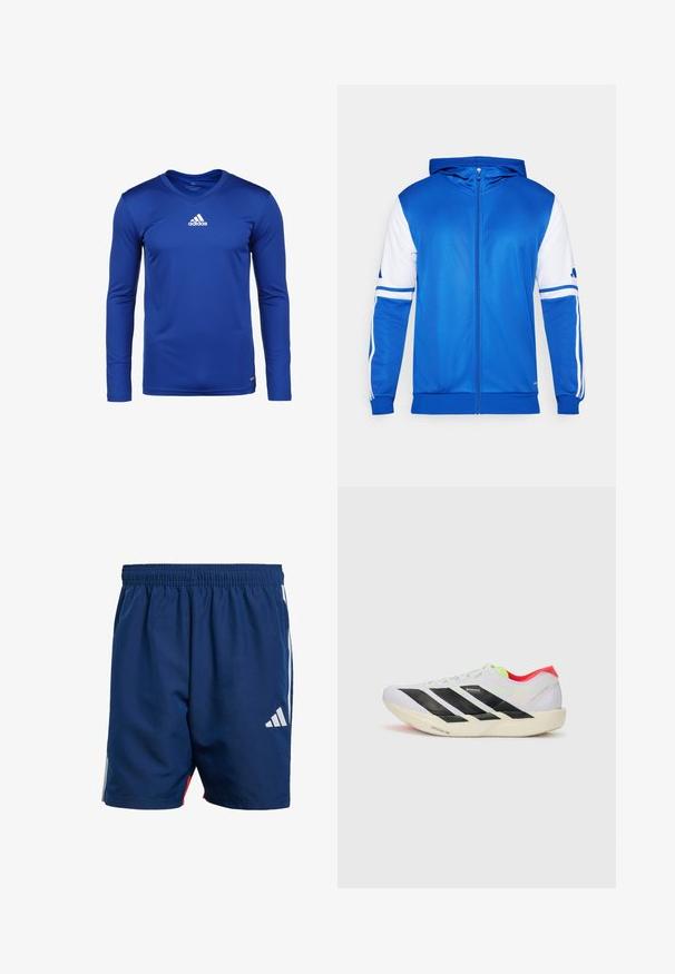 Niebieska sportowa kurtka zapinana na zamek z kapturem, z białymi akcentami na rękawach i ramieniu, wykonana z gładkiego, lekkiego materiału.; Niebieska sportowa koszulka z długim rękawem, wykonana z materiału odprowadzającego wilgoć, z dekoltem w serek i białym logo Adidas na piersi.; Granatowe spodenki sportowe z elastycznym pasem, bocznymi białymi paskami i małym białym logo na dolnej części lewej nogawki. Wykonane z lekkiego materiału.; Białe buty biegowe z czarnymi paskami, neonowozielonymi akcentami i czerwoną piętą. Posiadają lekką konstrukcję oraz teksturowaną podeszwę zapewniającą przyczepność.