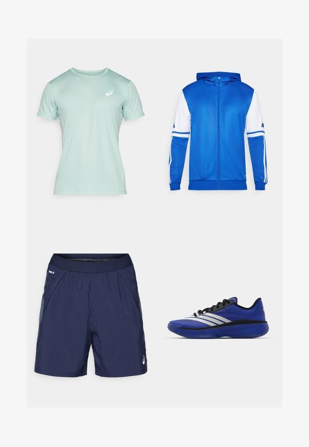 Blue zip-up sports jacket with a hood, featuring white accents on sleeves and shoulder, made of smooth, lightweight fabric.; ASICS CORE TOP - Sports T-shirt - light celadon; Navy blue athletic shorts with elastic waistband, side pockets, and light gray accents. Made of lightweight, smooth fabric for comfort.; adidas Performance ADIZERO SELECT 3.0 - Basketball shoes - lucid blue/core black/metallic