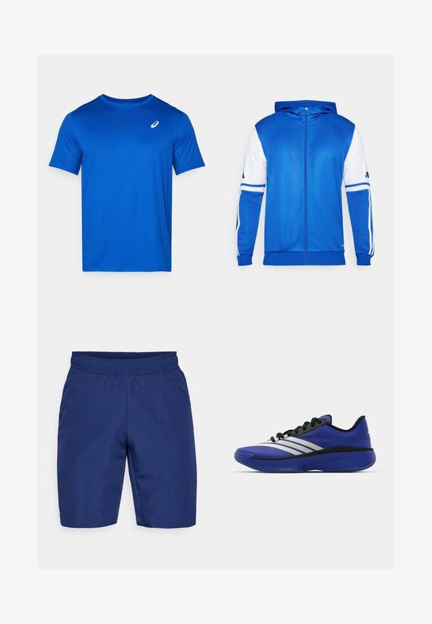 Casaco desportivo azul com fecho éclair e capuz, apresentando detalhes brancos nas mangas e nos ombros, feito de um tecido liso e leve.; T-shirt azul de manga curta feito de tecido leve. Apresenta um decote redondo e um pequeno logótipo branco no peito. Textura suave.; Calças de desporto azul-marinho feitas de um tecido texturizado, com um cós elástico e um pequeno logótipo de destaque na lateral.; adidas Performance ADIZERO SELECT 3.0 - Sapatilhas de basquetebol - lucid blue/core black/metallic