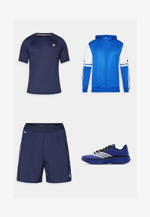 Zils sporta žakets ar kapuci, ar baltajiem akcentiem uz piedurknēm un pleciem, izgatavots no gludas, vieglas auduma.; Tumši zilas krāsas īsām piedurknēm t-kreklis, kas izgatavots no gludas auduma, ar apaļu kakla izgriezumu un nelielu sarkanu, baltu un zilu logo uz krūtīm.; Jūras zila sporta šortus ar elastīgu jostu, sānu kabatām un gaiši pelēkiem akcentiem. Izgatavoti no viegla un gluda auduma komfortam.; adidas Performance ADIZERO SELECT 3.0 - Basketbola apavi - lucid blue/core black/metallic