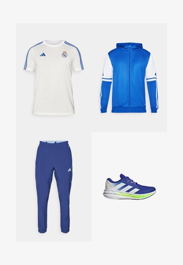 Blå zip-up sportjacka med huva, med vita accenter på ärmar och axlar, tillverkad av ett smidigt, lätt material.; Vit Adidas T-shirt med blå ränder på axlarna, broderad klubblogga på bröstet. Tillverkad av lätt tyg, kortärmad.; adidas Performance TECH APP - Träningsbyxor - dark blue/glow blue; Blå sportskor med vit accent, ovandel i mesh och dämpande sula som framhävs av en neongrön rand. Har en böjd design.