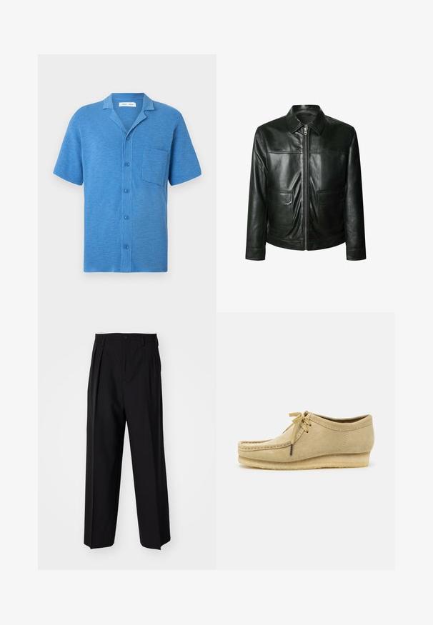 Černá kožená bunda s zipovým uzávěrem, dvěma předními kapsami a upraveným límcem. Hladká textura s viditelnými švy.; Beige pletený svetr s V-výstřihem a dlouhými rukávy. Má uvolněný střih a texturovanou tkaninu pro zvýšení tepla a pohodlí.; Modrá košile s krátkými rukávy na knoflíky, vyrobená z texturované látky. Má klopový límec a náprsní kapsu.; Bílé tričko s krátkým rukávem z bavlny, s kulatým výstřihem a volnějším střihem. Tkanina má hladkou a rovnoměrnou texturu.; Černé skládací kalhoty s rovnými, širokými nohavicemi. Vyrobené z hladké tkaniny, se zapínáním na knoflík a poutky na opasek.; Béžová semišová bota s šněrovacím designem, prošívanými detaily a gumovou podrážkou. Tvar je ležérní s mírným klínovým podpatkem.