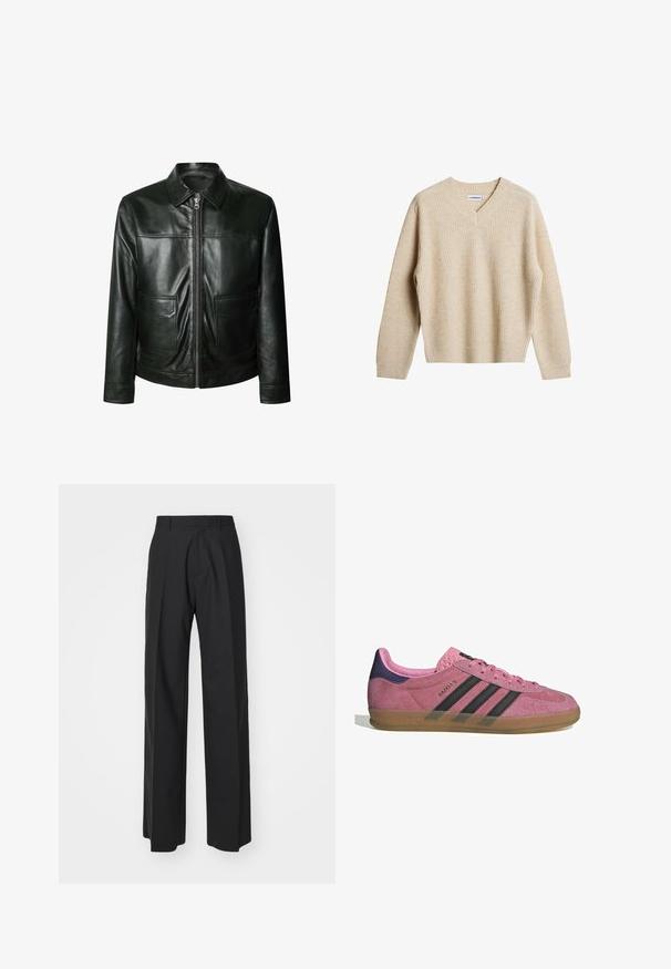 Black leather jacket featuring a zip closure, two front pockets, and a tailored collar. Smooth texture with visible stitching details.; Beige, ribbed knit sweater with a V-neck and long sleeves. Features a relaxed fit and textured fabric for added warmth and comfort.; Long-sleeve white t-shirt made of soft cotton. Crew neckline with straight cut hems and no visible patterns or graphics.; DSQUARED2 ICON ICON PANT - Trousers - black; Pink suede sneaker with black stripes, gum sole, and textured purple heel. Features a lace-up design and embossed branding on the side.